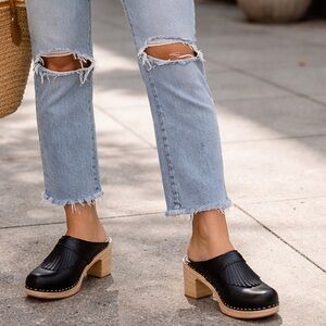 Sandgrens Black Leather Fringe Clog Mule with Wood Heel